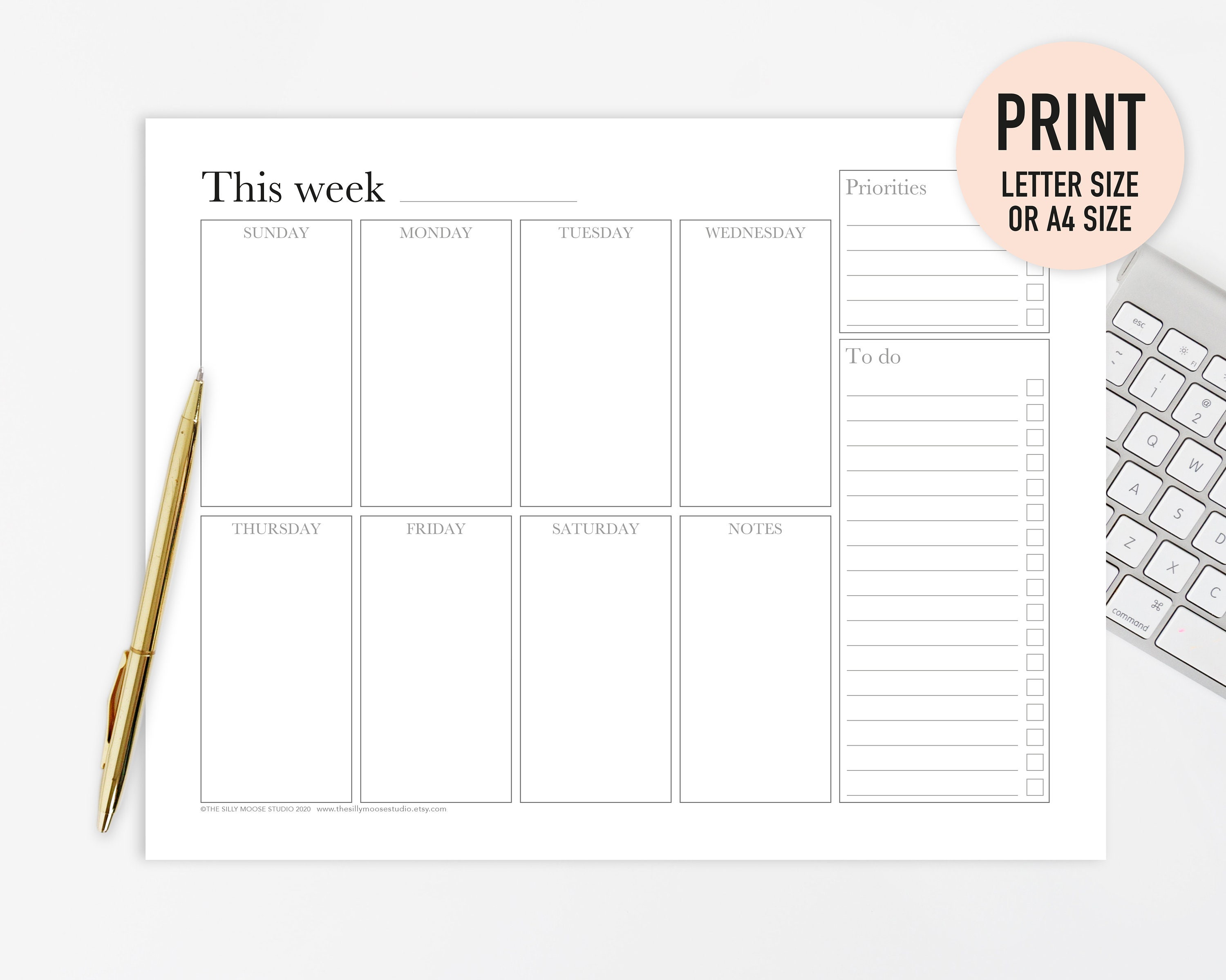 Weekly Planner Printable Sunday Start Landscape Horizontal Etsy
