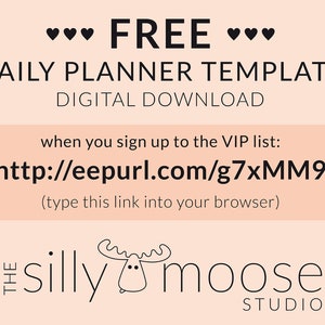 Pode incluir: Um gr&aacute;fico rosa e branco com texto preto que diz "&hearts; GR&Aacute;TIS &hearts; MODELO DE PLANO DI&Aacute;RIO DOWNLOAD DIGITAL quando voc&ecirc; se inscreve na lista VIP: http://eepurl.com/g7xMM9 (digite este link no seu navegador) THE silly moose STUDIO".