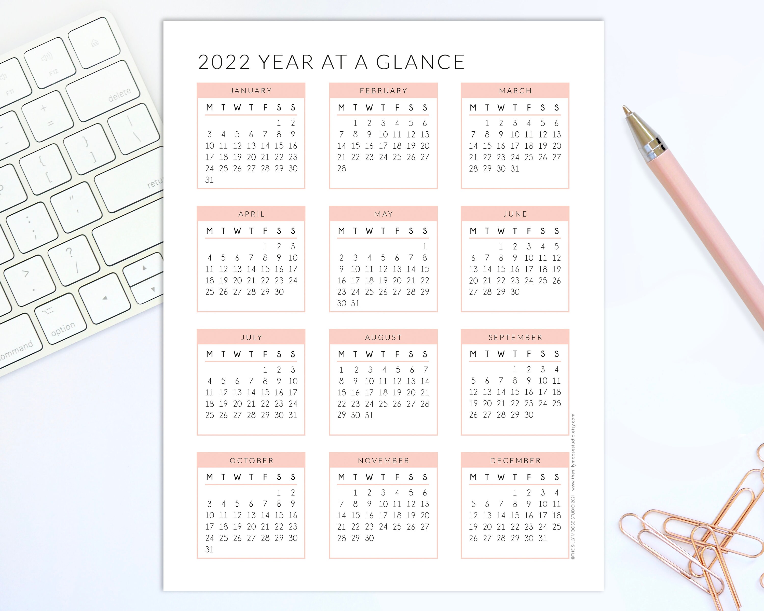 2022 yearly calendar printable monday start year at a etsy