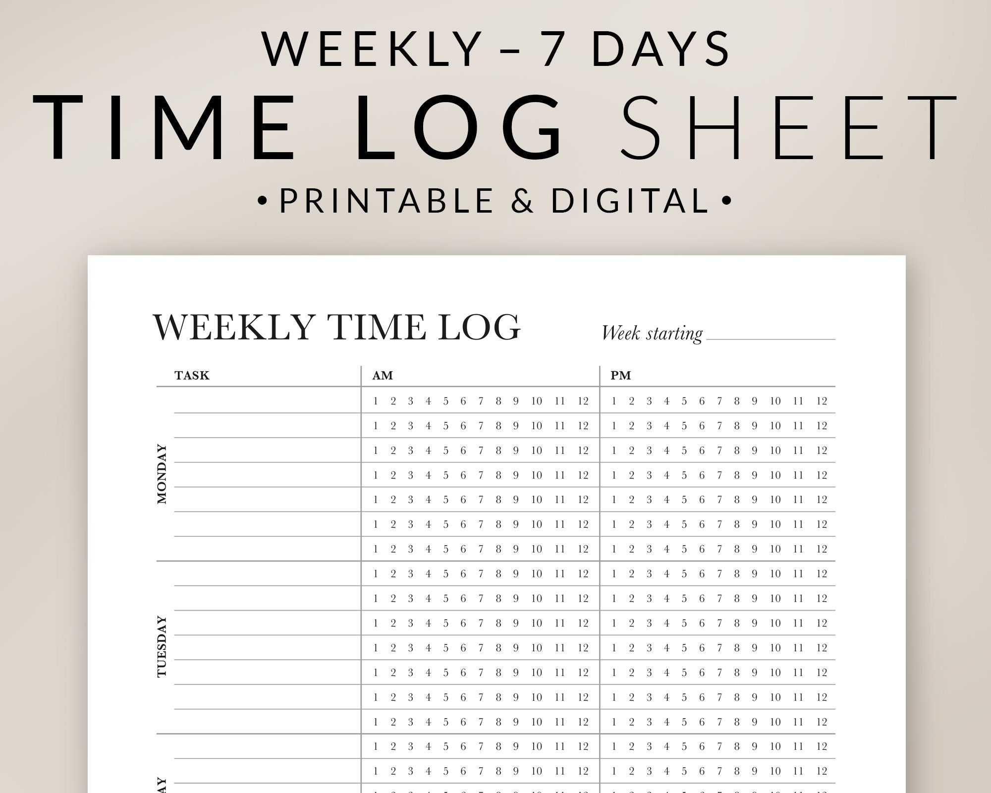 work time sheet printable weekly project time tracker 7 etsy