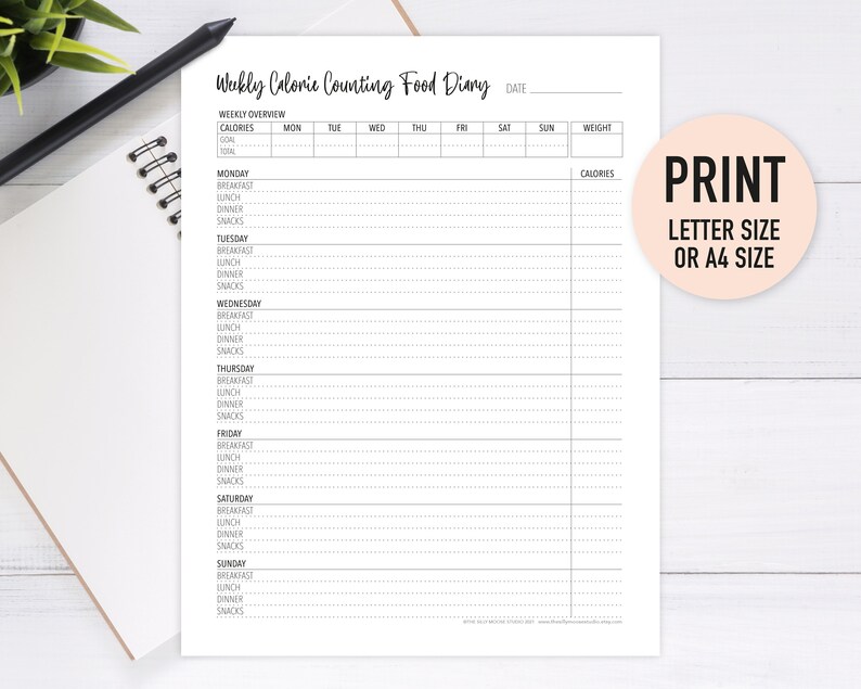 Calorie Counting Food Diary Printable Weekly Weight Loss Journal ...