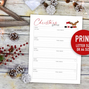 Pu&ograve; includere: Un elenco di regali di Natale stampabile in bianco con testo rosso e un'illustrazione festosa. L'elenco include sezioni per nomi, idee regalo e informazioni sul negozio/sito web. Un cerchio rosso indica il formato di stampa.