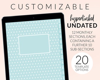 Aanpasbare digitale planner – ongedateerd aquablauw verticaal formaat – inclusief 20 sjablooninvoegingen – hyperlinked PDF voor iPad of Android