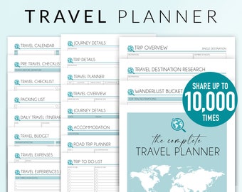 Travel Planner Printable COMMERCIAL LICENCE for File Sharing x10,00 – Vacation Itinerary template – Digital Fillable PDF – For Business Use