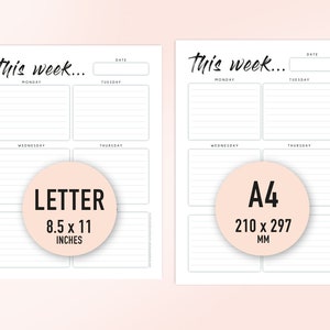 Pode incluir: Dois modelos de planejador semanal imprim&iacute;veis, um no tamanho carta (8,5 x 11 polegadas) e outro no tamanho A4 (210 x 297 mm). Cada modelo tem um design simples com um cabe&ccedil;alho que diz "esta semana..." e espa&ccedil;os para cada dia da semana.