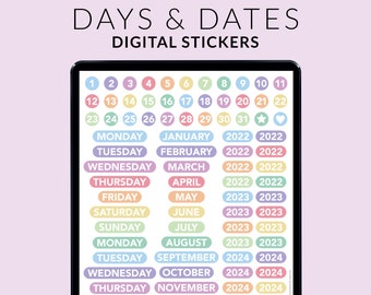 Dates Digital Planner Stickers – Rainbow Date Dots – Numbers Days Months Years BuJo Digital Stickers PNG – Goodnotes + ANY Notation App