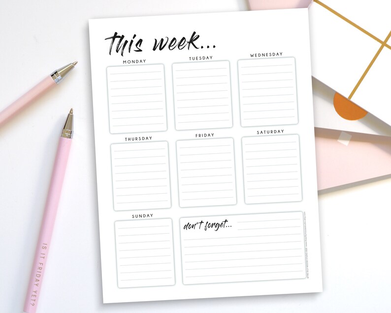 Weekly Planner Printable To Do List - Print at Home Diary Calendar Page – One Week Organiser Journal – A4 and US Letter 8.5'x11' Portrait 