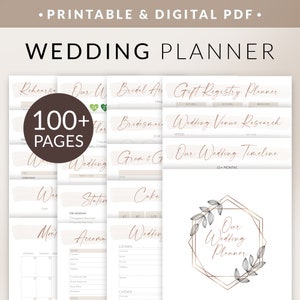May include: A printable wedding planner with over 100 pages. The cover features a gold geometric frame with leafy vines and the text "Our Wedding Planner".