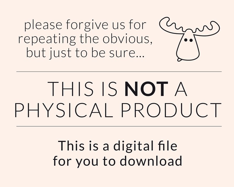 Pode incluir: Um aviso de download de arquivo digital com uma ilustra&ccedil;&atilde;o de alce de desenho animado e o texto "Este n&atilde;o &eacute; um produto f&iacute;sico. Este &eacute; um arquivo digital para voc&ecirc; baixar."