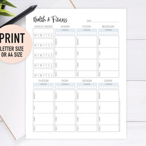 Puede incluir: Planificador de salud y fitness imprimible con fondo azul claro. El planificador incluye secciones para ejercicio, hidrataci&oacute;n y comidas para cada d&iacute;a de la semana. El texto "IMPRIMIR TAMA&Ntilde;O CARTA O A4" est&aacute; en la esquina superior izquierda de la p&aacute;gina.