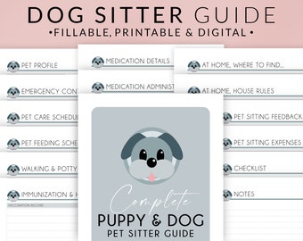 Dog Sitter Guide Fillable & Printable PDF – Puppy Pet Sitter Notes – Dog Feeding Instructions, Walking Schedule and Report Card Templates