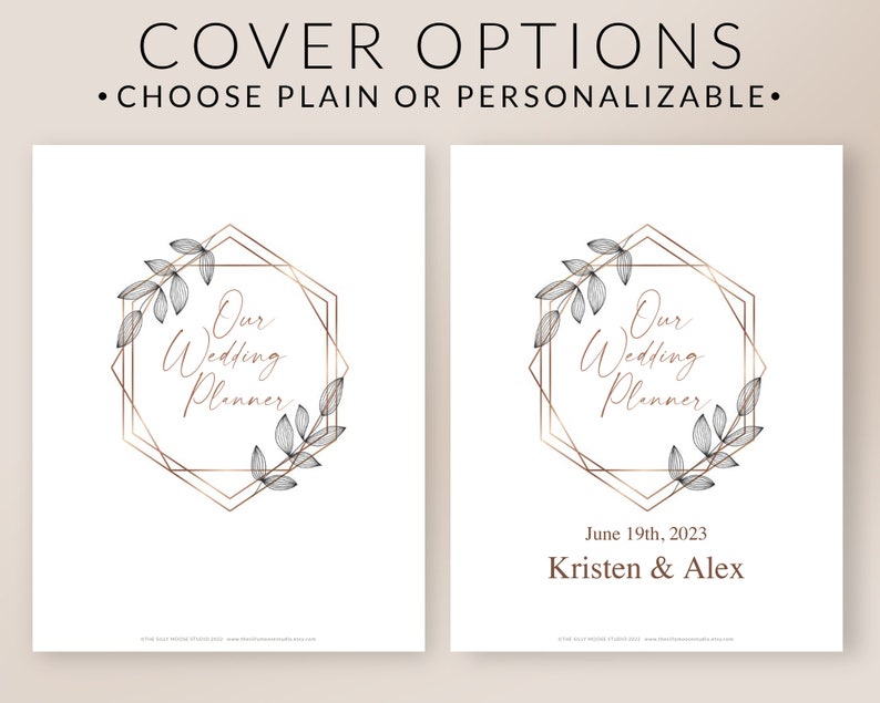 May include: Two wedding planner cover options. The first is a plain cover with a gold geometric frame and floral design. The second cover has the same design with the text "Our Wedding Planner" and the date "June 19th, 2023" and the names "Kristen & Alex".