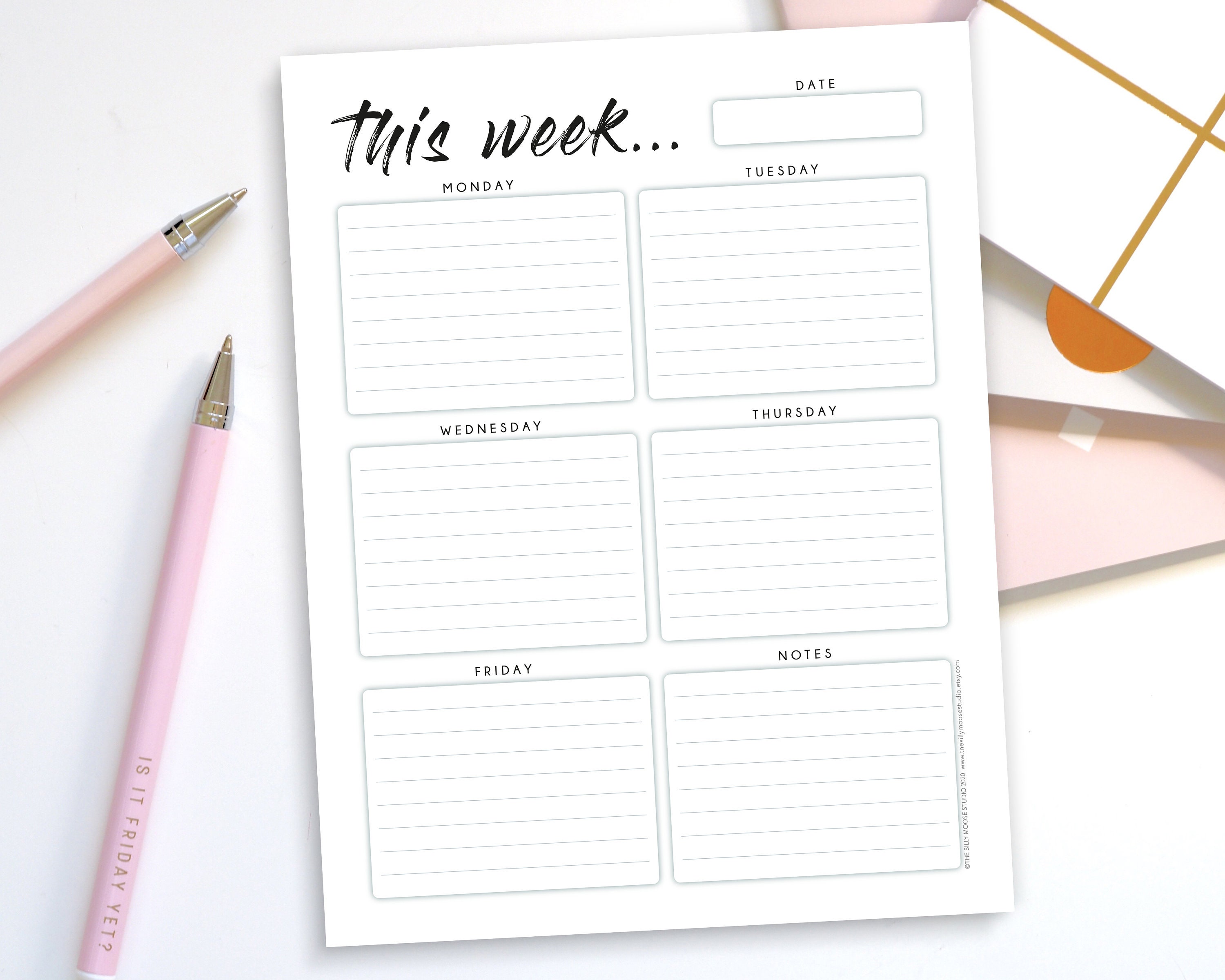 Five Day Weekly Planner Printable & Fillable PDF Week Days 