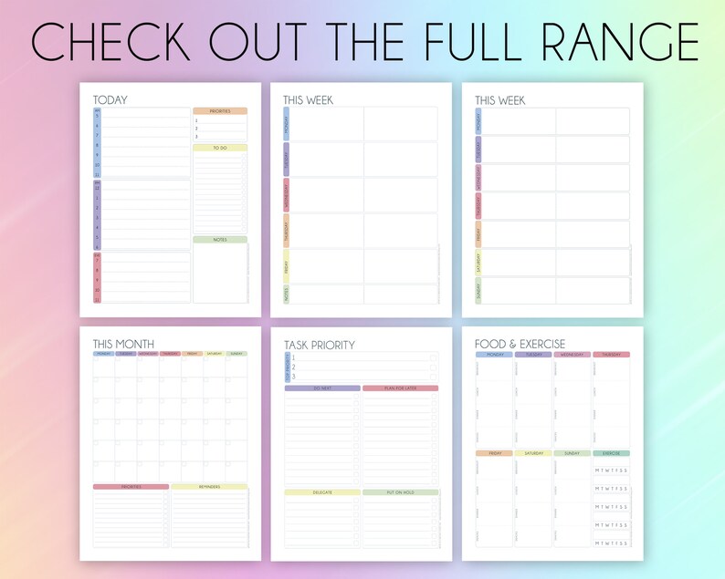 May include: A printable planner with six pages, each with a different layout. The pages include sections for "Today", "This Week", "This Month", "Task Priority", and "Food & Exercise".