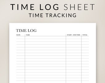 May include: A printable time log sheet for tracking time spent on tasks. The sheet includes columns for date, task, start and end time, and total time.