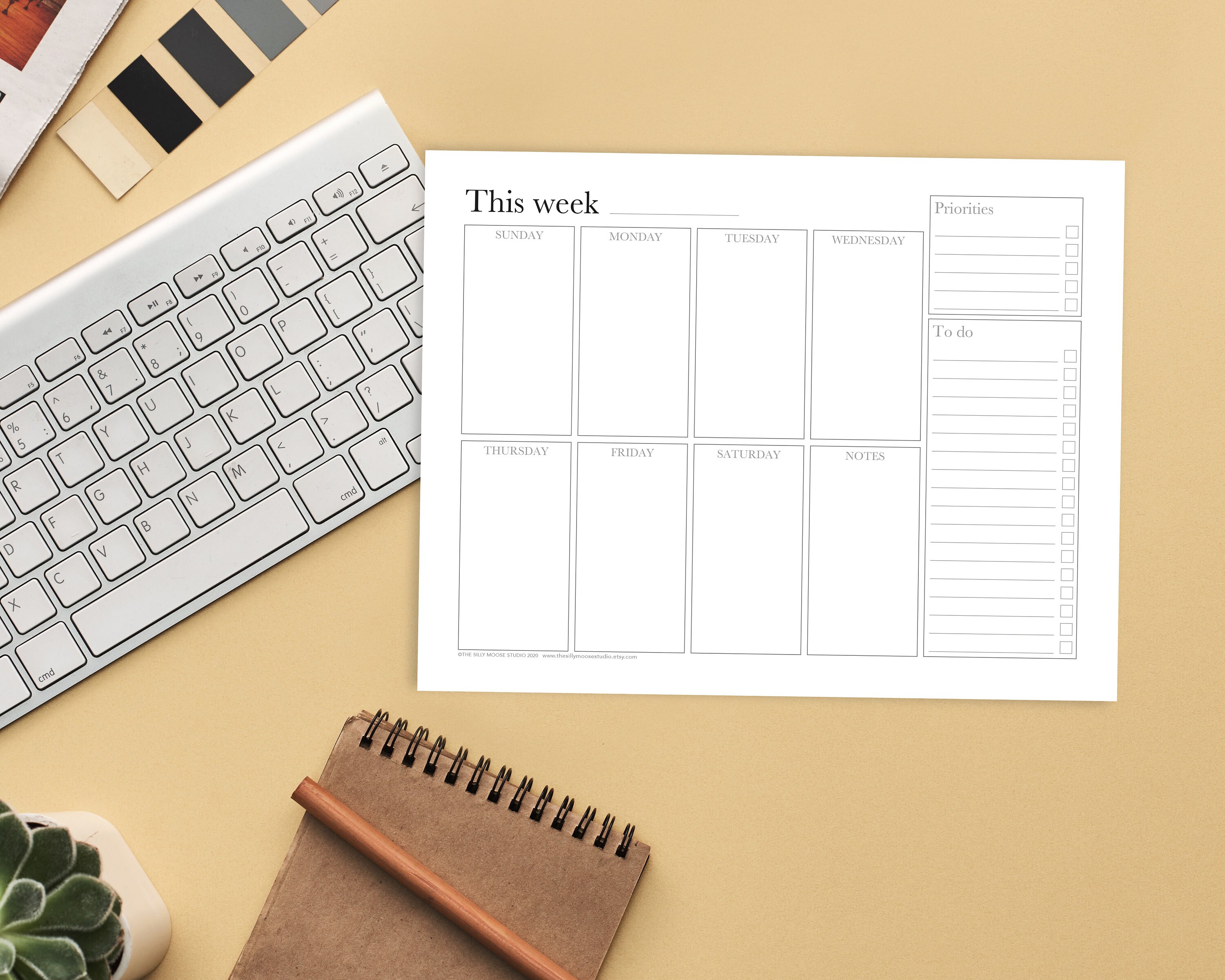 Weekly Planner Printable Sunday Start Landscape Horizontal | Etsy