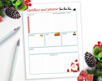 Può includere: Un pianificatore di pasti natalizi bianco con sezioni per la lista degli invitati, esigenze dietetiche, antipasto, portata principale, dessert, bevande e lista della spesa. Il pianificatore presenta una grafica di Babbo Natale e il testo "Christmas meal planner". Sono visibili due penne.