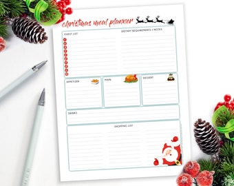 Christmas Menu Planner Printable – Christmas Dinner Party – Holiday Meal Planning – Christmas Day Food Plan – Digital Download PDF