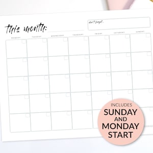 Resumen del mes Planificador en PDF imprimible y rellenable – Inicio los lunes y domingos – Página de calendario general mensual – Horizontal Carta EE. UU. / A4