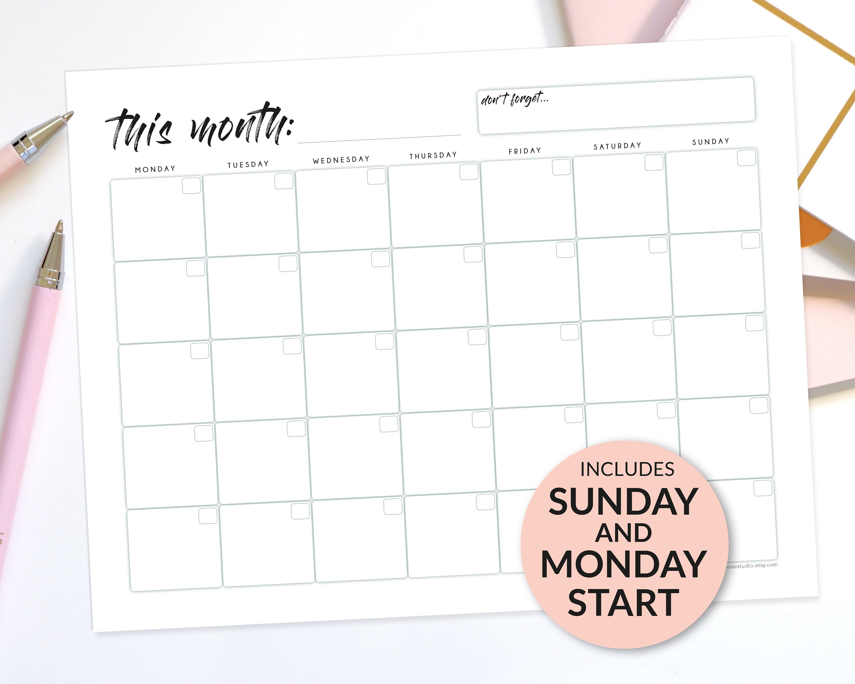 Month at a Glance Printable & Fillable PDF Planner Monday and Sunday ...