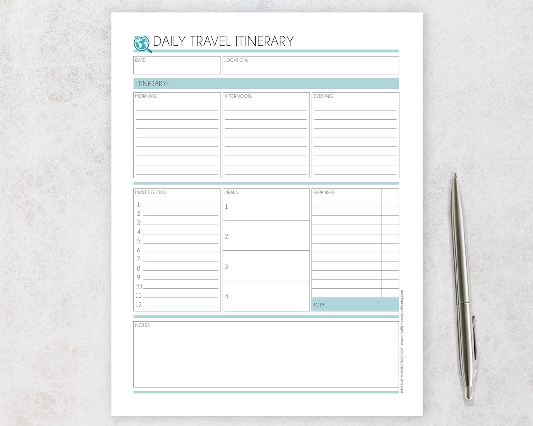 Daily Travel Itinerary Template Fillable, Printable & Digital PDF ...
