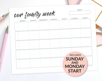 Weekly Family Planner Printable & Fillable PDF – Family of 5 Calendar – Monday or Sunday Start – One Week Event Schedule Organizer Download
