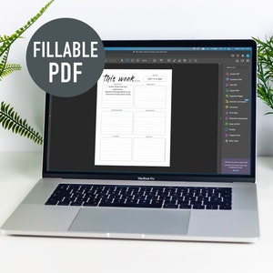 Pode incluir: Um computador port&aacute;til que exibe um documento PDF preench&iacute;vel com o texto "this week..." e uma lista de se&ccedil;&otilde;es para planejamento. O documento est&aacute; aberto em um programa com uma barra lateral que mostra v&aacute;rias op&ccedil;&otilde;es de edi&ccedil;&atilde;o.