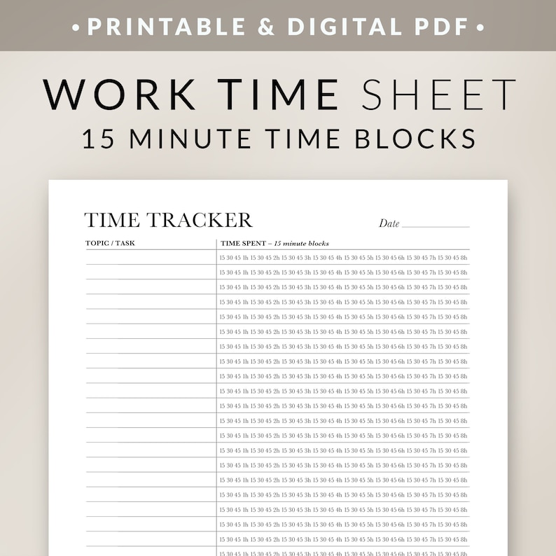 Time Sheet Printable 15 Minute Units – Work Time Tracker – Employee ...