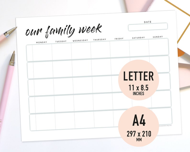Weekly Family Planner Printable &amp; Fillable PDF Family of 5 Calendar Monday or Sunday Start One ...