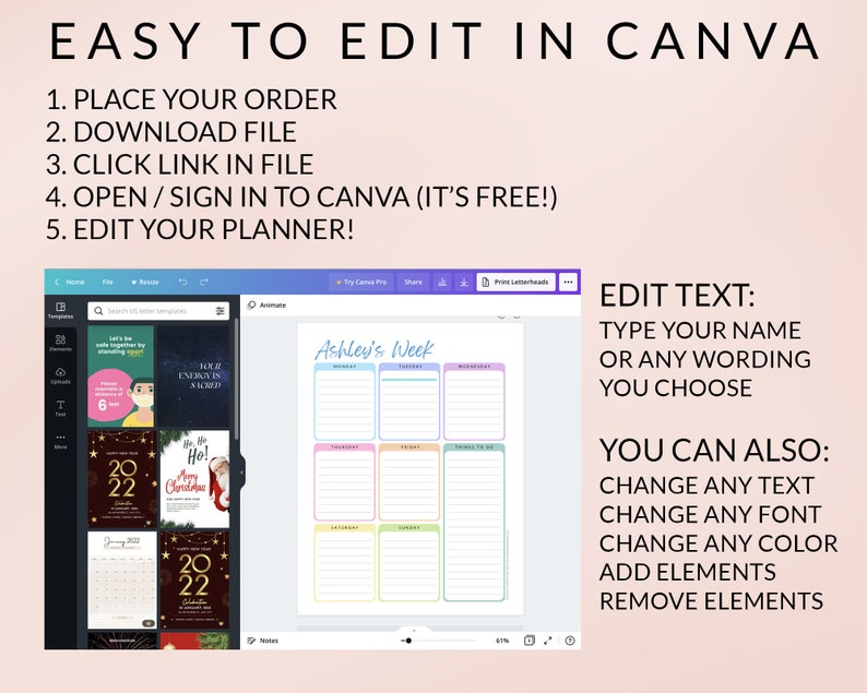 May include: A digital planner template with the text "Ashley's Week" and editable sections for each day. Instructions at the top read "Easy to Edit in Canva." Additional text explains how to edit text, change fonts, colors, and add or remove elements.
