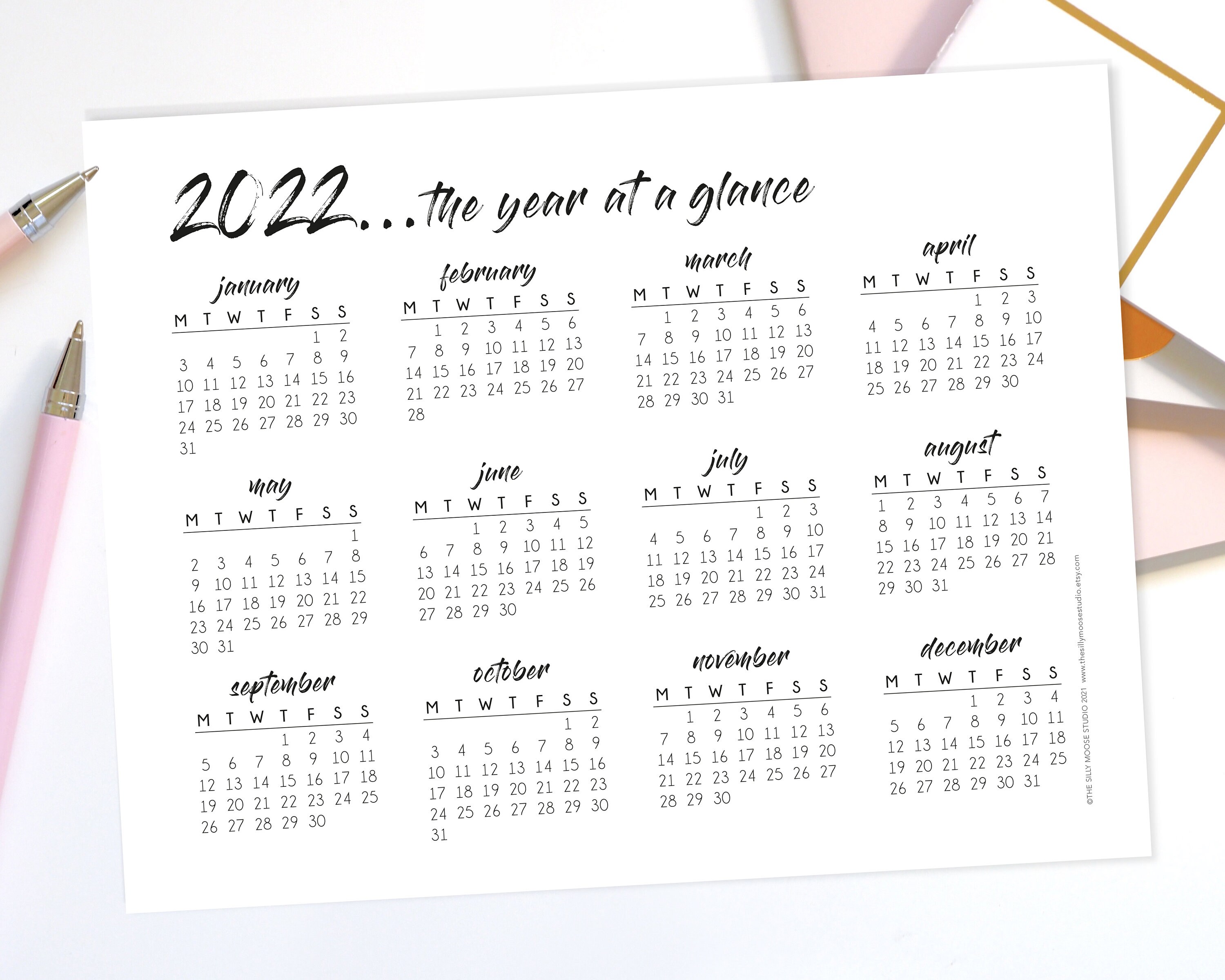 2022 yearly calendar printable monday start landscape year etsy