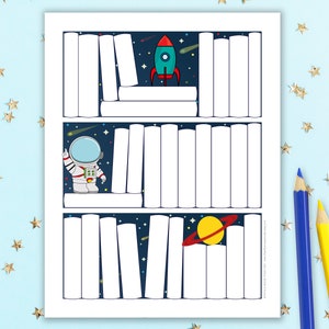 子どもの読書記録印刷可能 – ロケット、宇宙飛行士、土星が描かれた宇宙をテーマにした子どもの本棚ブックチャート – 読書チャレンジポスターアート PDF