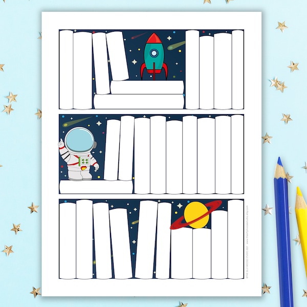 Kids Reading Log Printable – Space Themed Childrens Bookshelf Book Chart with Rocket, Astronaut & Saturn – Reading Challenge Poster Art PDF