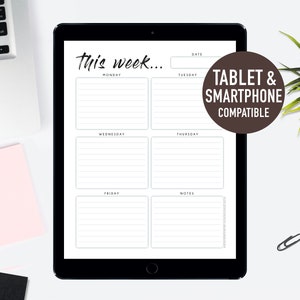 Pode incluir: Um planejador semanal na tela de um tablet com o texto "This week..." no topo. O planejador &eacute; dividido em cinco se&ccedil;&otilde;es: segunda-feira, ter&ccedil;a-feira, quarta-feira, quinta-feira, sexta-feira e notas. O planejador &eacute; compat&iacute;vel com tablets e smartphones.