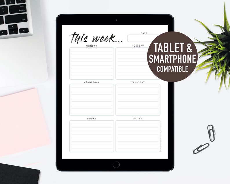 Pode incluir: Um planejador semanal na tela de um tablet com o texto "This week..." no topo. O planejador &eacute; dividido em cinco se&ccedil;&otilde;es: segunda-feira, ter&ccedil;a-feira, quarta-feira, quinta-feira, sexta-feira e notas. O planejador &eacute; compat&iacute;vel com tablets e smartphones.
