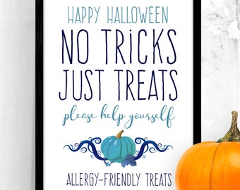 Trick or Treat Allergy Friendly Sign Printable – Teal Pumpkin Halloween Candy – Please Take One Help Yourself – Non Food Social Distance PDF