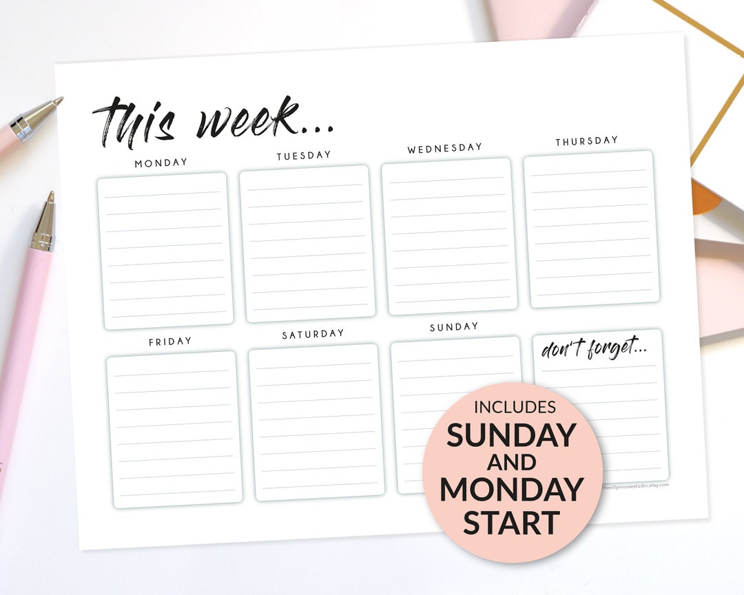 Weekly Planner Landscape Printable, Fillable & Digital PDF – Monday or ...