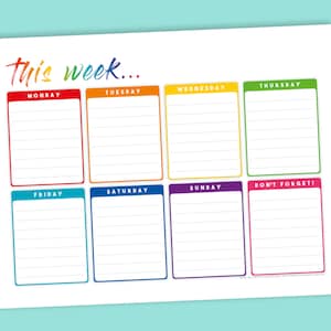 Landscape Weekly Planner Printable To Do List - Rainbow Desk Wall Planners – One Week View Horizontal A4 / Letter – Lunes y Domingo Inicio