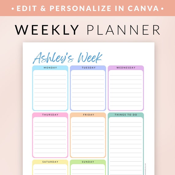 Weekly Planner Printable – Editable CANVA Planner Template – Pastel Rainbow – Personalized Planner – One Week To Do List – Digital Download