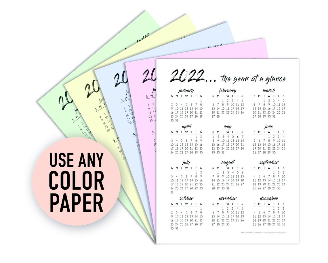 2022 Yearly Calendar Printable Year at a Glance Overview