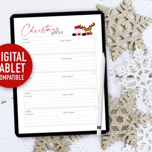 Pu&ograve; includere: Un tablet digitale che mostra un modello di lista regali di Natale. Il modello include campi per nome, idee regalo e negozio/sito web. Le parole "Christmas gift list" sono in rosso. Un cerchio rosso con le parole "DIGITAL TABLET COMPATIBLE" &egrave; visibile.