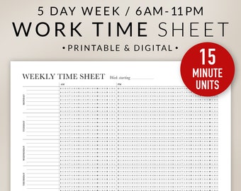 Hoja de horas de trabajo imprimible: semana de 5 días, de lunes a viernes, unidades de 15 minutos; plantilla de seguimiento de bloqueo de tiempo semanal de 6 a. m. a 11 p. m.; PDF digital