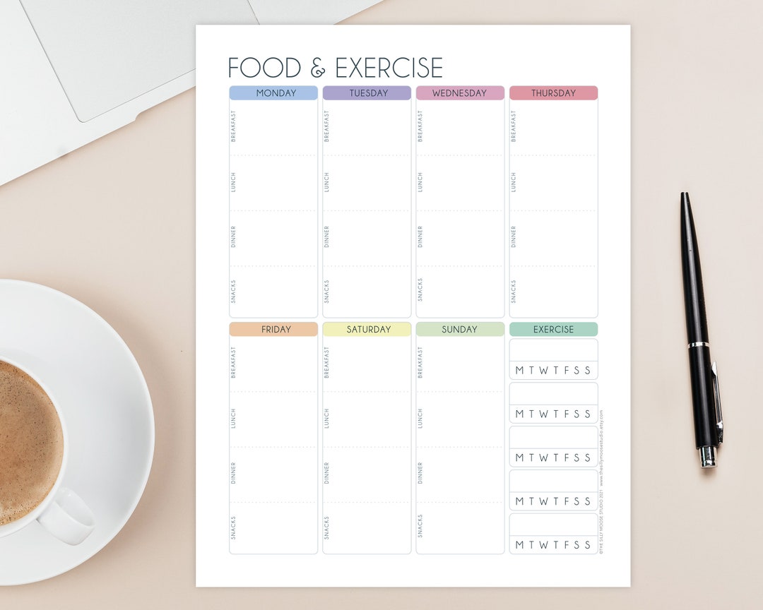 Food Journal Printable With Exercise Tracker – Weekly Food Log – Diet Health Fitness – Meal ...