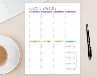 Food Journal Printable with Exercise Tracker – Weekly Food log – Diet Health Fitness – Meal Planner Digital Download PDF – A4 & Letter Size