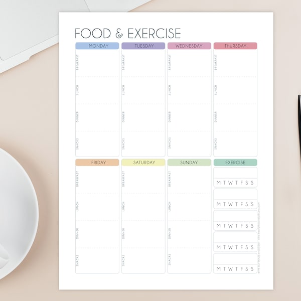 Food Journal Printable with Exercise Tracker – Weekly Food log – Diet Health Fitness – Meal Planner Digital Download PDF – A4 & Letter Size