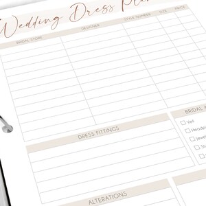 May include: A printable wedding dress planner checklist with sections for bridal store, designer, style number, size, price, dress fittings, alterations, and bridal accessories.