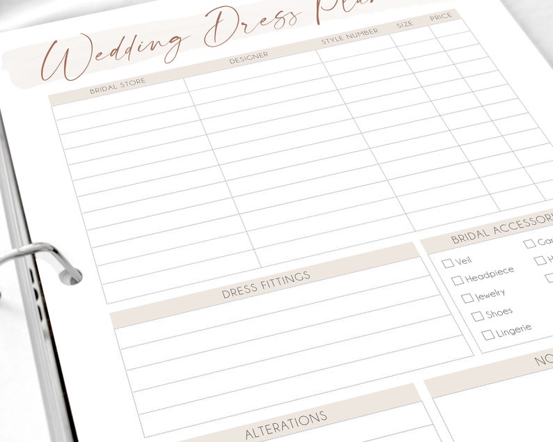 May include: A printable wedding dress planner checklist with sections for bridal store, designer, style number, size, price, dress fittings, alterations, and bridal accessories.
