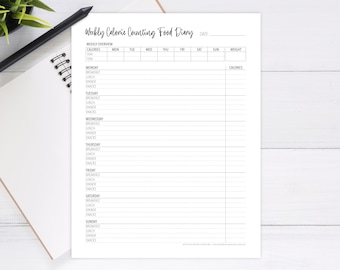 Calorie Counting Food Diary Printable – Weekly Weight Loss Journal – Healthy Eating Meal Planner – Daily Diet Tracker Log – Digital PDF