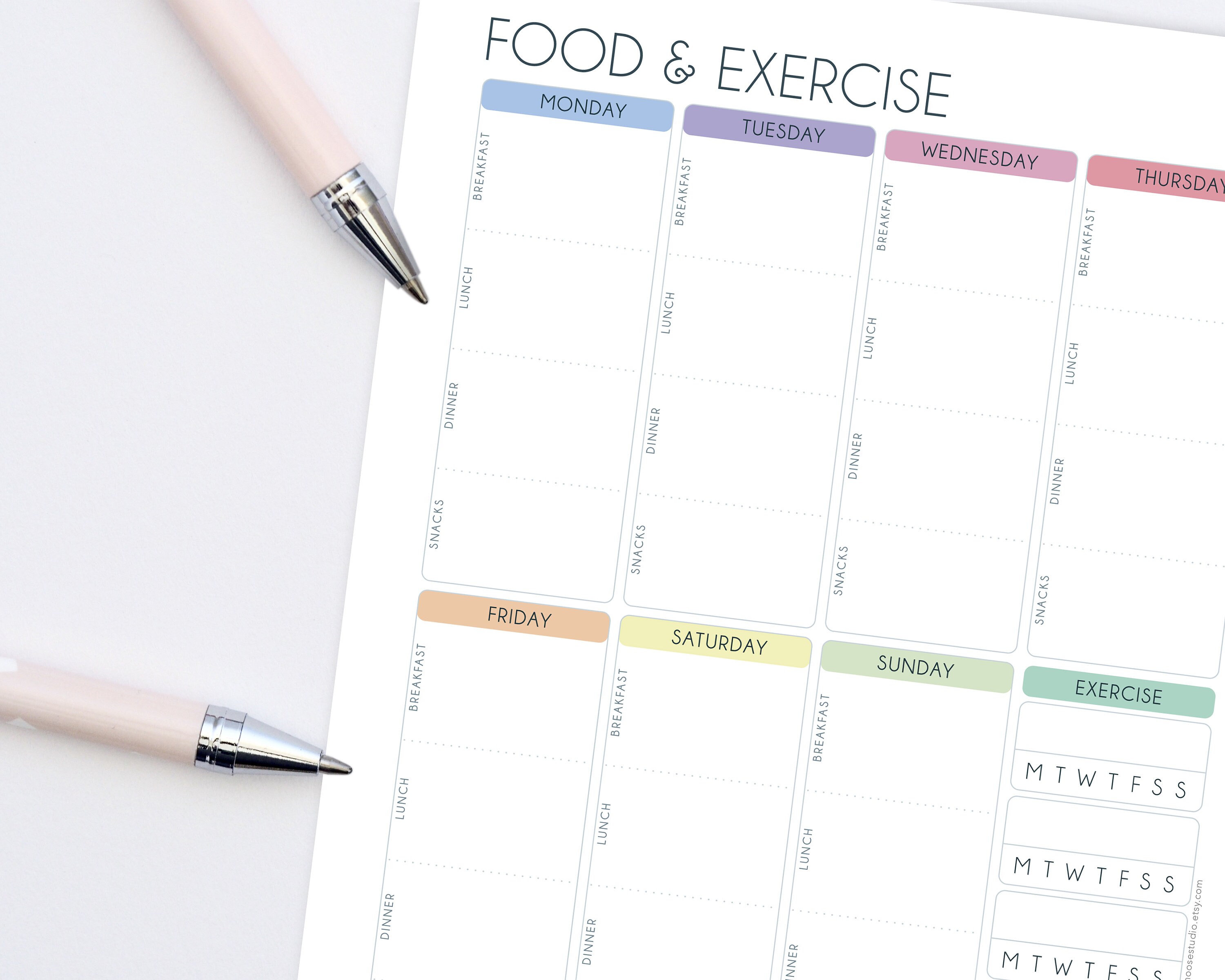 Food Journal Printable With Exercise Tracker – Weekly Food Log – Diet ...