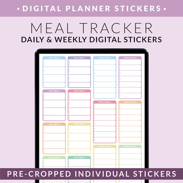 Food Tracker Digital Planner Stickers – Meal Planner Bullet Journal Stickers for Goodnotes + ANY Notation App – PNG Daily & Weekly Diet BuJo